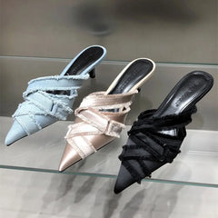 Denim Low Heel Pointed Toe Mules Shoes For Women