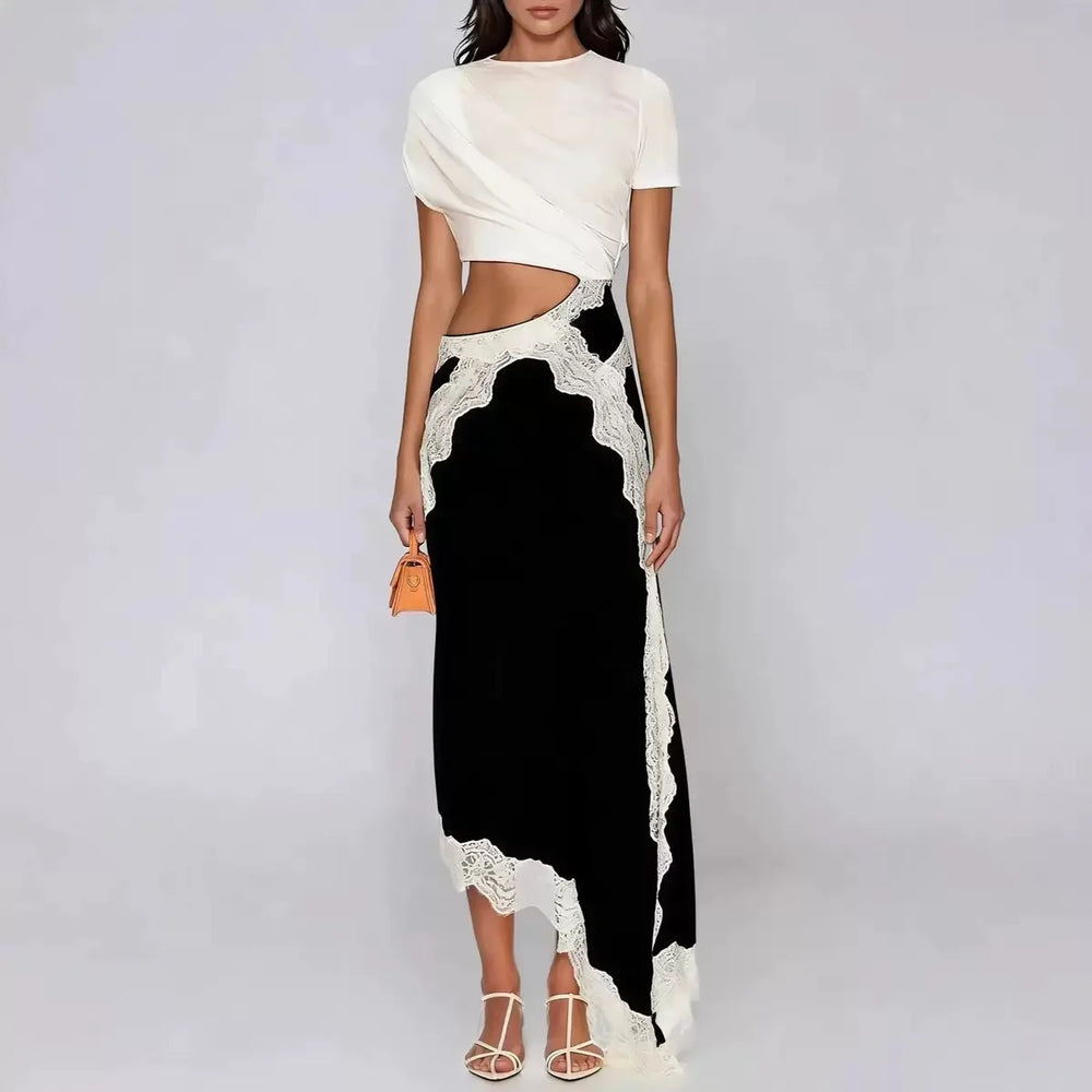 Cutout lace trim asymmetrical midi dress on model