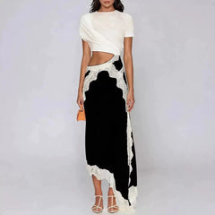 Cutout lace trim asymmetrical midi dress on model