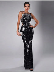 Diamond Embellished Sequin Evening Dress