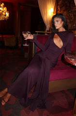 Draped Ruched Front Hollow Out Long Sleeve Maxi Dress