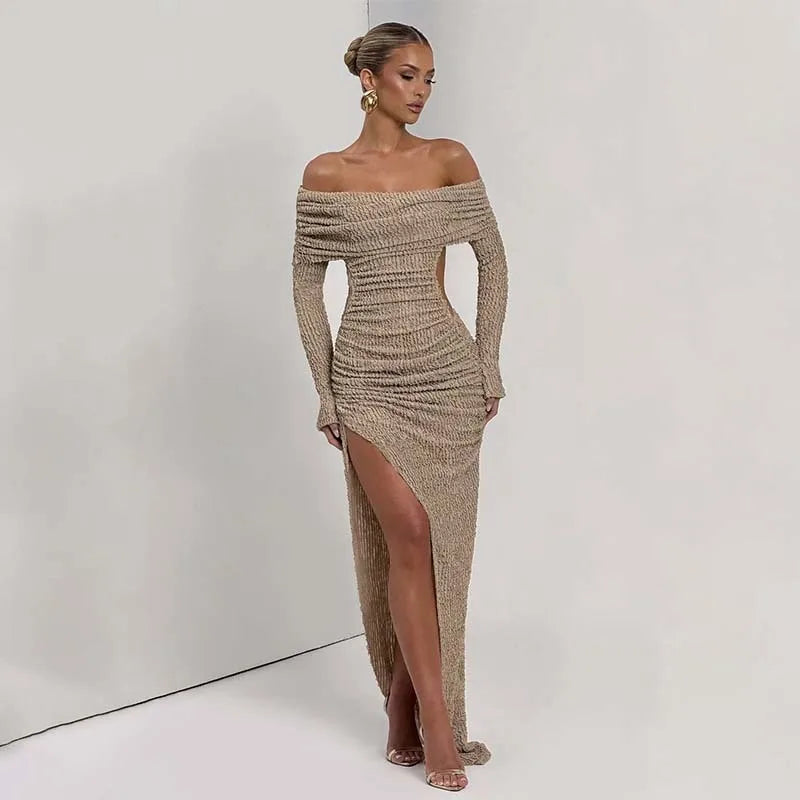 Woman wearing a beige off-shoulder dress with a slit