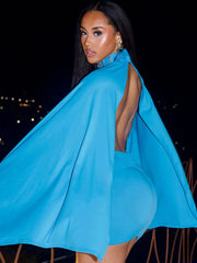 Back view of a turtleneck batwing sleeve mini dress
