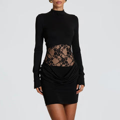 Lace Waist Bodycon Mini Dress with Sculpted Long Sleeves