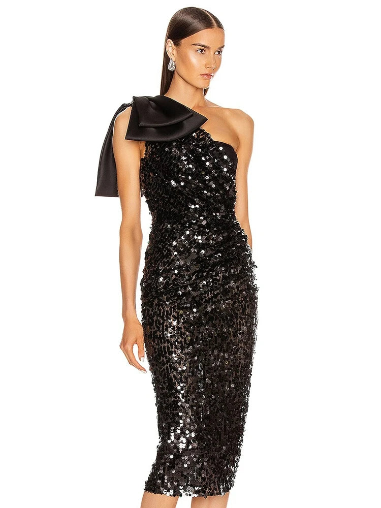 Elegant slim fit black sequin formal dress styled for evening