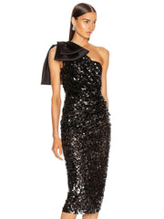Elegant slim fit black sequin formal dress styled for evening