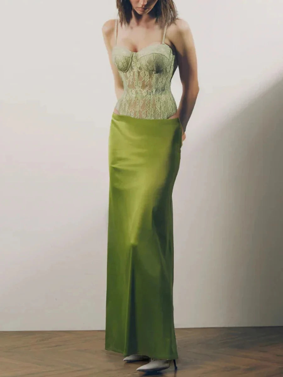 Lace corset bodysuit styled with a flowing maxi skirt