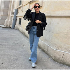 Fringe Sleeve Wool-Blend Tassel Blazer Coat