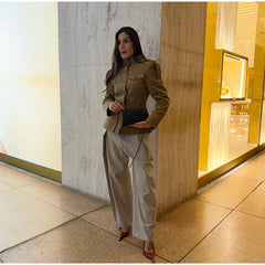 Brown Stand Collar Long Sleeve Pocket Jacket and Shorts Two Piece Set
