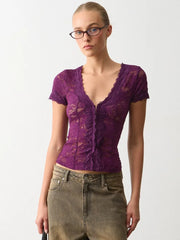 Purple lace v-neck short sleeve top with glasses