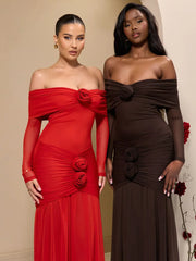 Off-Shoulder Rose Ruched Bodycon Maxi Dress