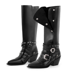Pointed Toe Rivet Buckle Knee High Boots