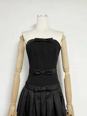 Black Strapless Bow Detail Pleated Maxi Dress