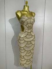 Pearl Beaded Sequins Spaghetti Strap Bodycon Long Dress