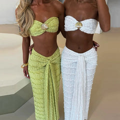 Knit Shell Strapless Bandeau Crop Top And Maxi Skirt Set