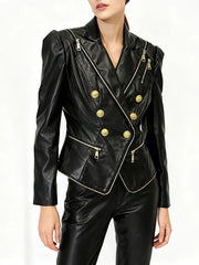 Faux Leather Double Breasted Blazer
