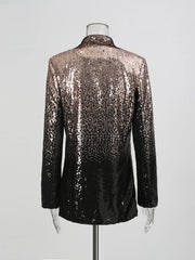 Black and silver sequin jacket on a mannequin against a gray background