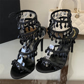 Black crystal ankle strap stiletto heels