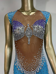 Blue Rhinestone Mesh Column Dress