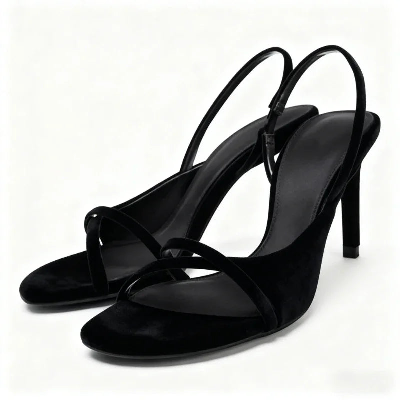 Black velvet cross strap stiletto heel