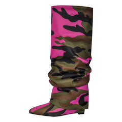 Camouflage Pleated Wedge Knee High Boots