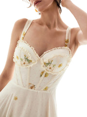 Close-up of the bodice detail on a floral print corset midi dress