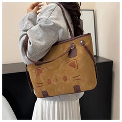 Cute Cat Face Suede Shoulder Tote Bag