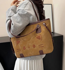 Cute Cat Face Suede Shoulder Tote Bag
