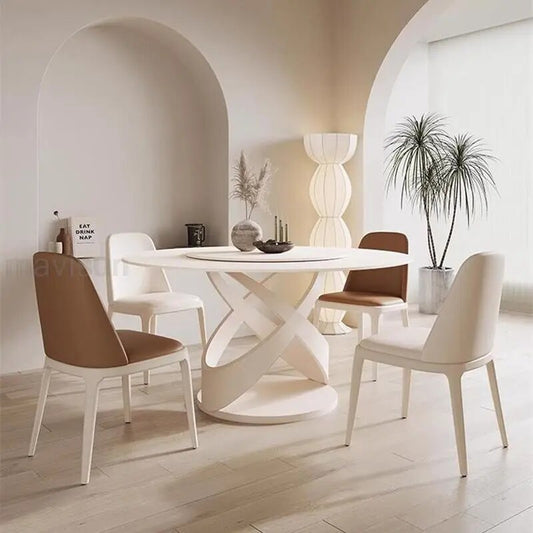 Round White Rock Slab Dining Table 360°Rotating Turntable