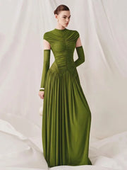 Green ruched mock neck maxi dress with long sleeves