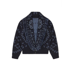 Black cardigan with bandana pattern on a white background