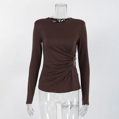 Ruched Metal Ring Detail Long Sleeve Top