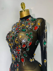 High Neck Mesh Full Sleeve Crystal Embellished Bodycon Mini Dress