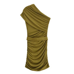 Green one-shoulder dress on a white background
