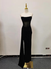 Strapless Boning Sheer Patchwork Slit Maxi Dress