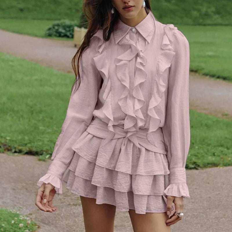 Ruffled tiered mini dress with collared neckline and cinched waist