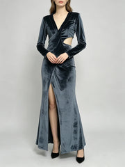Velvet V-neck maxi dress with cut-out detail and high slit.