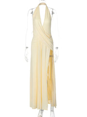 Halter Deep V-Neck Draped Maxi Dress
