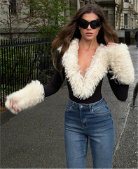 Faux Fur Trimmed V-Neck Long Sleeve Bodysuit