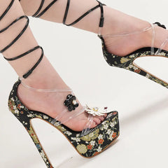 Floral high-heeled shoes with clear straps