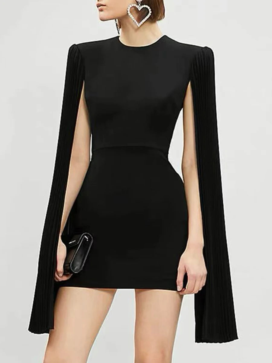 Black mini dress with pleated cape sleeves