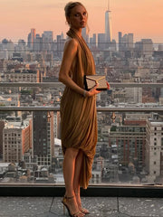 Ruched Halter Backless Cocktail Dress