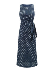 Sleeveless O-Neck Polka Dot Midi Dress with Tie Waist