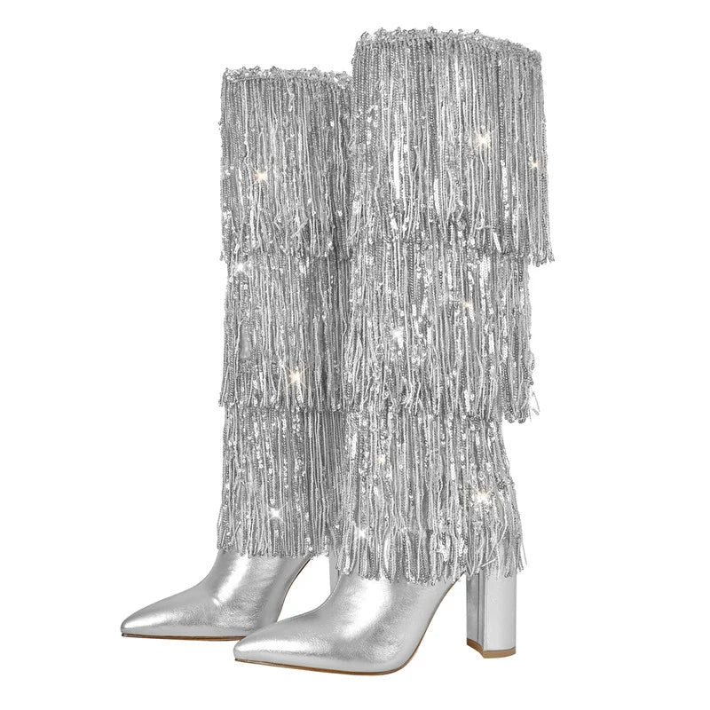 Silver pointed toe knee high boots with layered fringe and chunky block heel