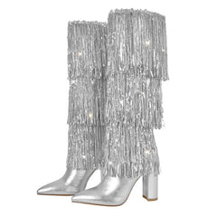 Silver pointed toe knee high boots with layered fringe and chunky block heel