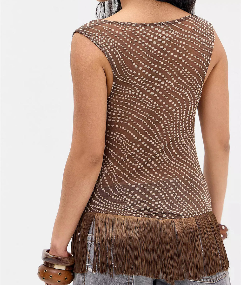 Sheer mesh cowl neck swirl dot print fringe hem top back view