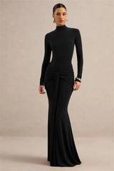 Black Turtleneck Ruched Maxi Dress Side Profile