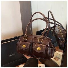 Microfiber Leather Vintage Pocket Satchel – Black & Burgundy