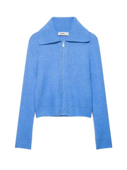 Blue zip-up sweater on a white background