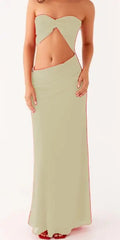 Sage green strapless gown with cut-out design on a white background